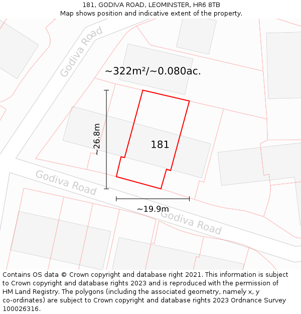 181, GODIVA ROAD, LEOMINSTER, HR6 8TB: Plot and title map