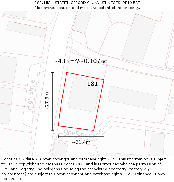 181, HIGH STREET, OFFORD CLUNY, ST NEOTS, PE19 5RT: Plot and title map