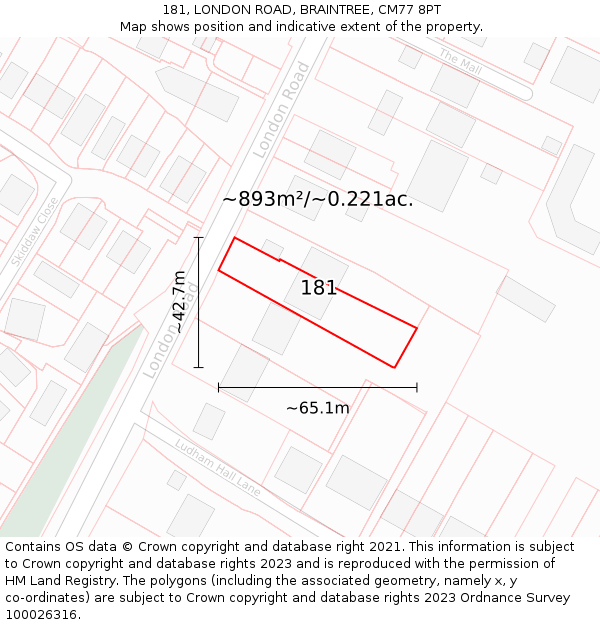 181, LONDON ROAD, BRAINTREE, CM77 8PT: Plot and title map