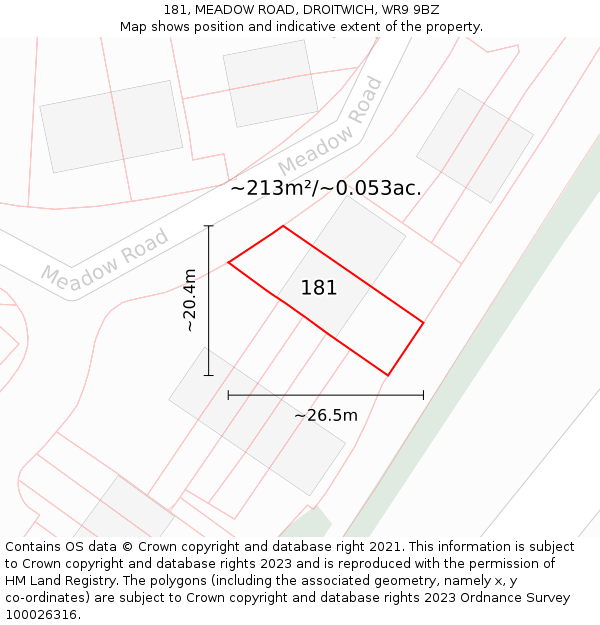181, MEADOW ROAD, DROITWICH, WR9 9BZ: Plot and title map