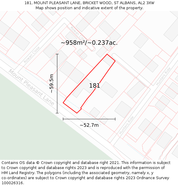 181, MOUNT PLEASANT LANE, BRICKET WOOD, ST ALBANS, AL2 3XW: Plot and title map