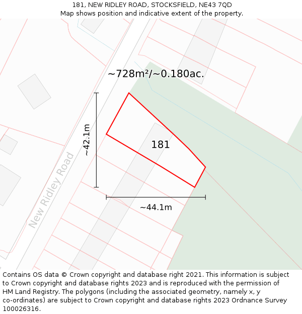 181, NEW RIDLEY ROAD, STOCKSFIELD, NE43 7QD: Plot and title map