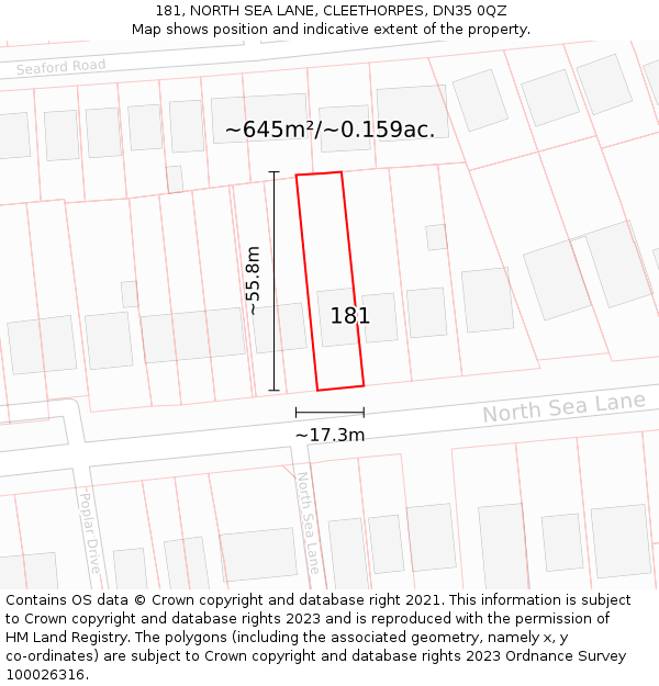 181, NORTH SEA LANE, CLEETHORPES, DN35 0QZ: Plot and title map