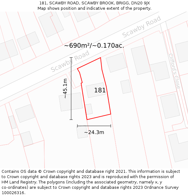 181, SCAWBY ROAD, SCAWBY BROOK, BRIGG, DN20 9JX: Plot and title map