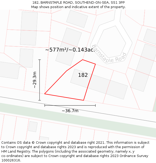 182, BARNSTAPLE ROAD, SOUTHEND-ON-SEA, SS1 3PP: Plot and title map
