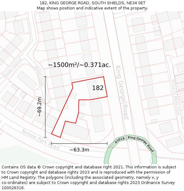 182, KING GEORGE ROAD, SOUTH SHIELDS, NE34 0ET: Plot and title map