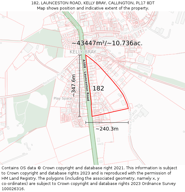 182, LAUNCESTON ROAD, KELLY BRAY, CALLINGTON, PL17 8DT: Plot and title map