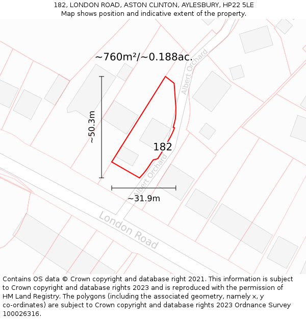 182, LONDON ROAD, ASTON CLINTON, AYLESBURY, HP22 5LE: Plot and title map