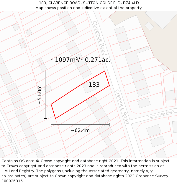 183, CLARENCE ROAD, SUTTON COLDFIELD, B74 4LD: Plot and title map