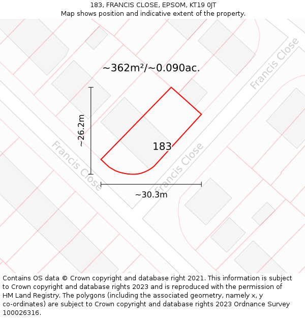 183, FRANCIS CLOSE, EPSOM, KT19 0JT: Plot and title map