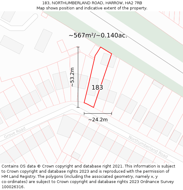 183, NORTHUMBERLAND ROAD, HARROW, HA2 7RB: Plot and title map