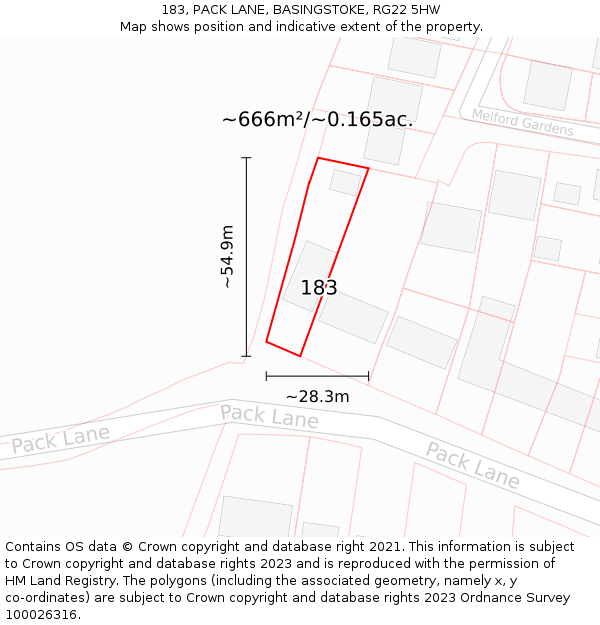 183, PACK LANE, BASINGSTOKE, RG22 5HW: Plot and title map