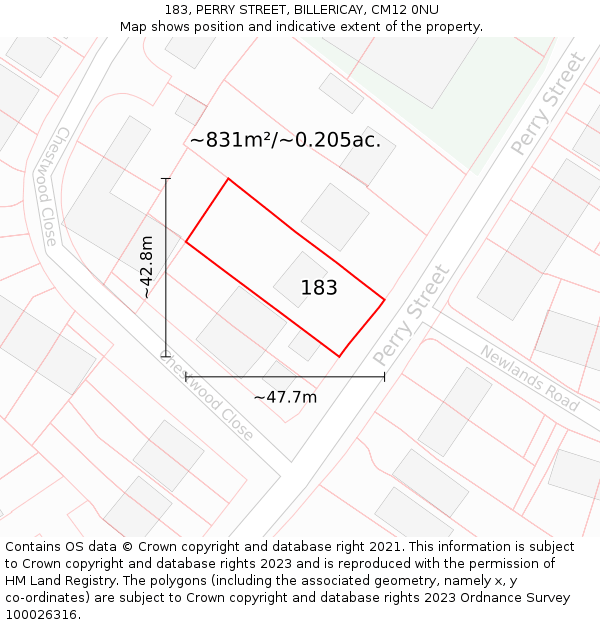 183, PERRY STREET, BILLERICAY, CM12 0NU: Plot and title map