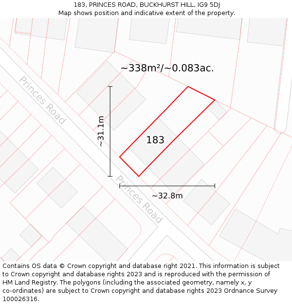 183, PRINCES ROAD, BUCKHURST HILL, IG9 5DJ: Plot and title map