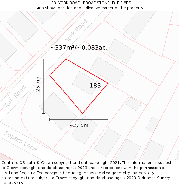 183, YORK ROAD, BROADSTONE, BH18 8ES: Plot and title map
