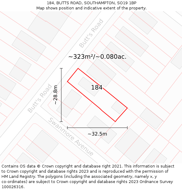 184, BUTTS ROAD, SOUTHAMPTON, SO19 1BP: Plot and title map