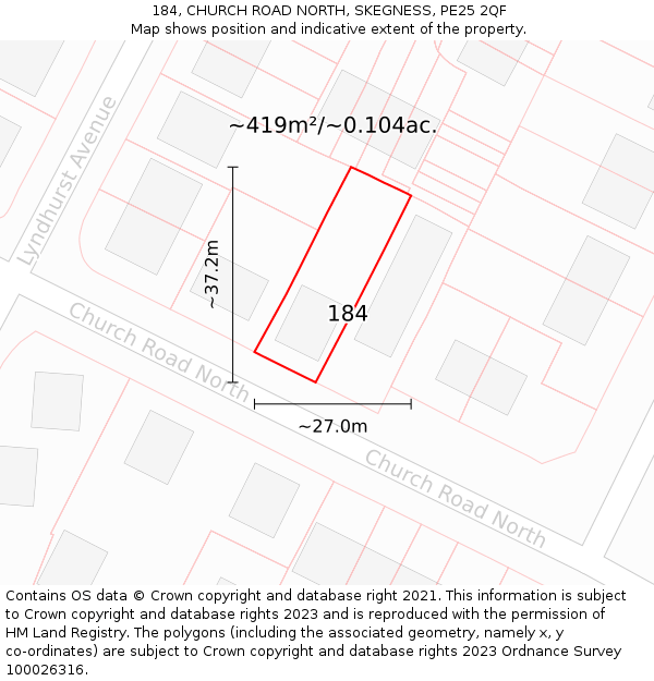 184, CHURCH ROAD NORTH, SKEGNESS, PE25 2QF: Plot and title map