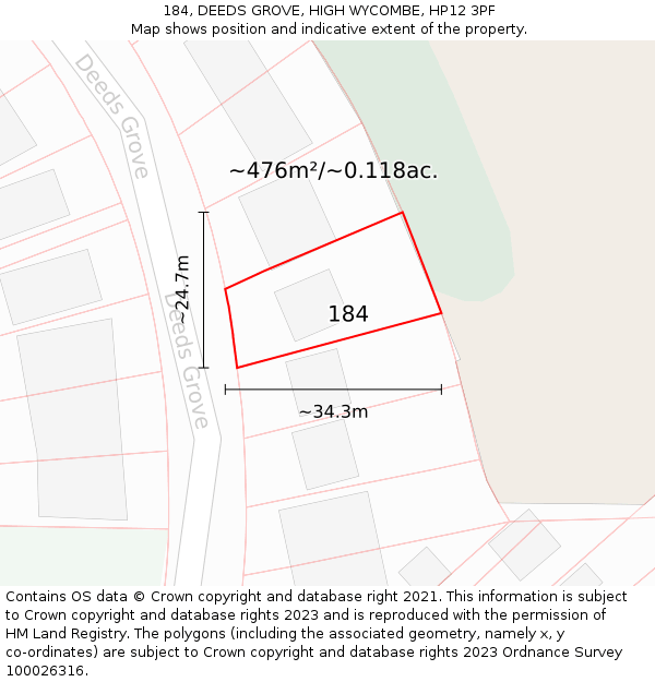 184, DEEDS GROVE, HIGH WYCOMBE, HP12 3PF: Plot and title map