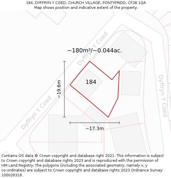 184, DYFFRYN Y COED, CHURCH VILLAGE, PONTYPRIDD, CF38 1QA: Plot and title map