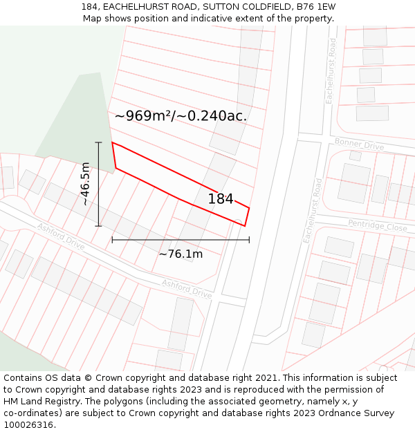 184, EACHELHURST ROAD, SUTTON COLDFIELD, B76 1EW: Plot and title map