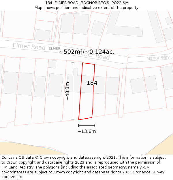 184, ELMER ROAD, BOGNOR REGIS, PO22 6JA: Plot and title map