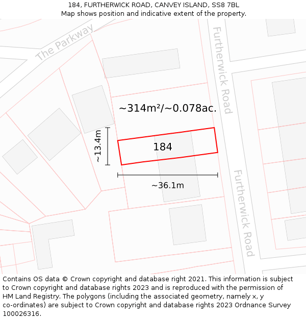 184, FURTHERWICK ROAD, CANVEY ISLAND, SS8 7BL: Plot and title map