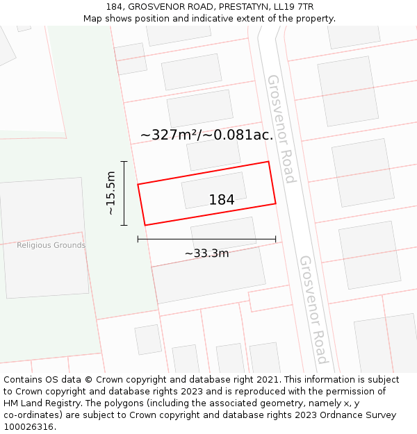 184, GROSVENOR ROAD, PRESTATYN, LL19 7TR: Plot and title map