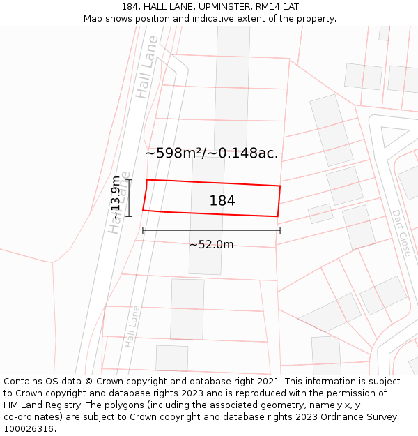 184, HALL LANE, UPMINSTER, RM14 1AT: Plot and title map