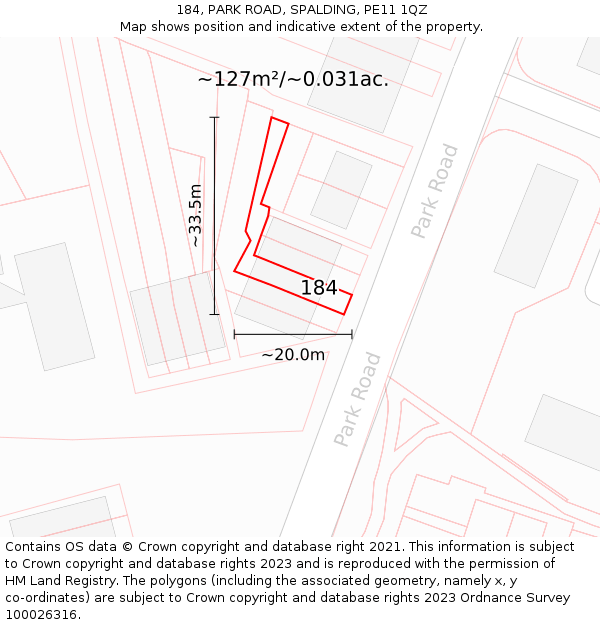 184, PARK ROAD, SPALDING, PE11 1QZ: Plot and title map