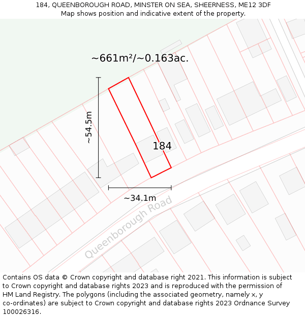 184, QUEENBOROUGH ROAD, MINSTER ON SEA, SHEERNESS, ME12 3DF: Plot and title map