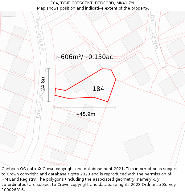 184, TYNE CRESCENT, BEDFORD, MK41 7YL: Plot and title map