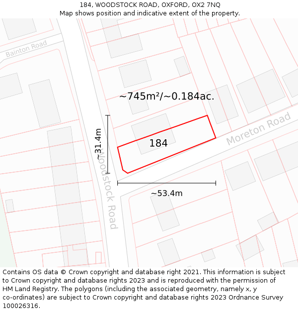 184, WOODSTOCK ROAD, OXFORD, OX2 7NQ: Plot and title map