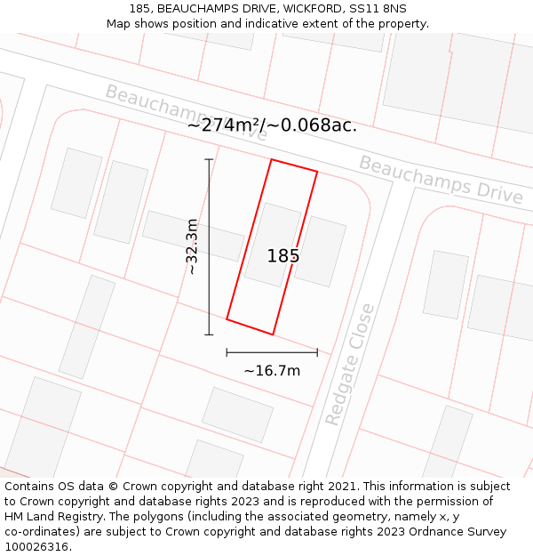185, BEAUCHAMPS DRIVE, WICKFORD, SS11 8NS: Plot and title map