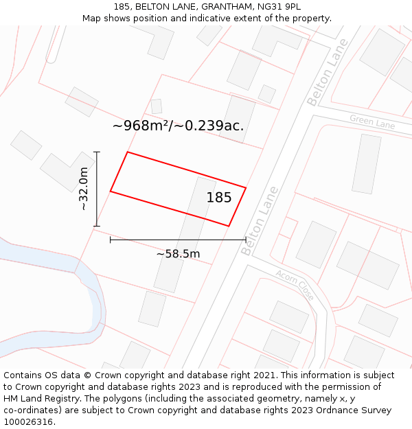 185, BELTON LANE, GRANTHAM, NG31 9PL: Plot and title map