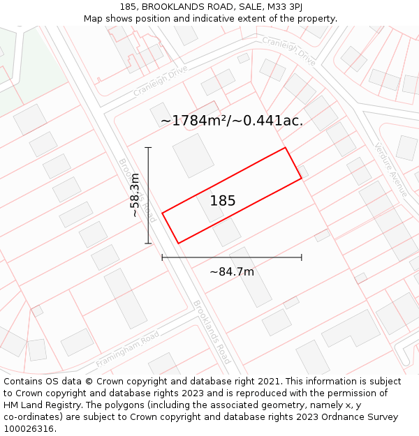 185, BROOKLANDS ROAD, SALE, M33 3PJ: Plot and title map