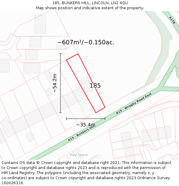 185, BUNKERS HILL, LINCOLN, LN2 4QU: Plot and title map