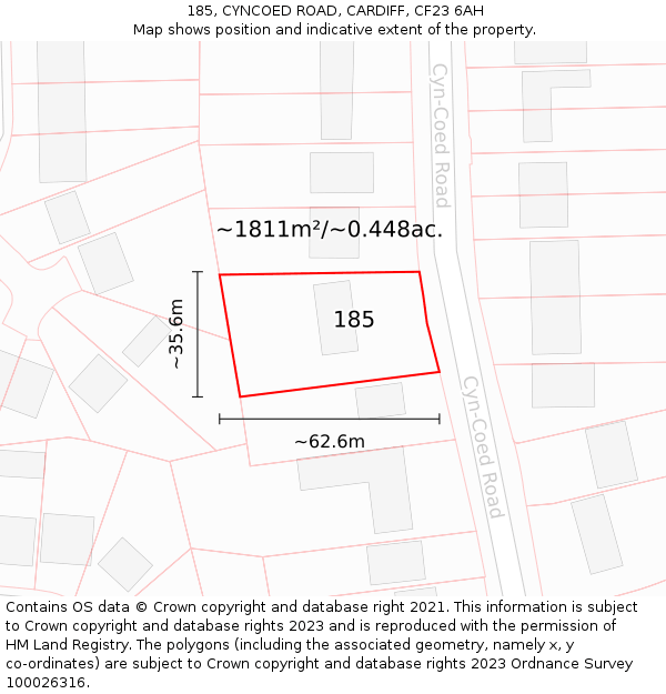 185, CYNCOED ROAD, CARDIFF, CF23 6AH: Plot and title map