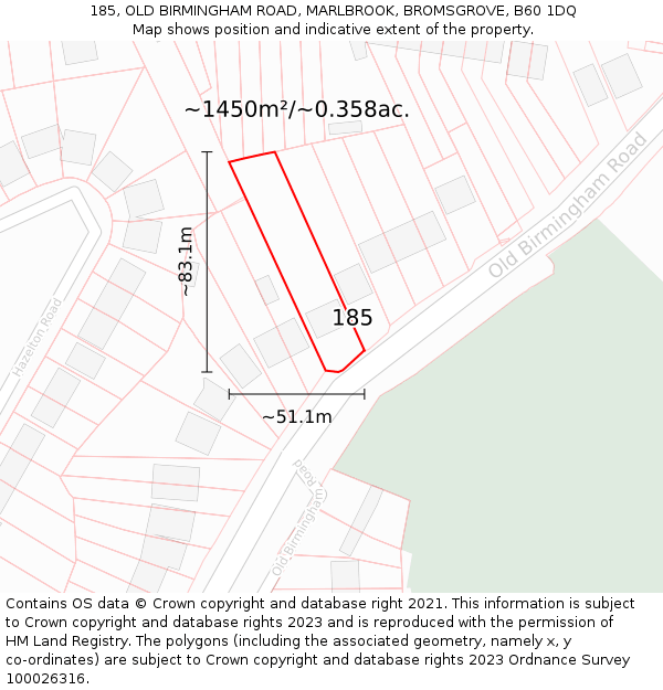 185, OLD BIRMINGHAM ROAD, MARLBROOK, BROMSGROVE, B60 1DQ: Plot and title map