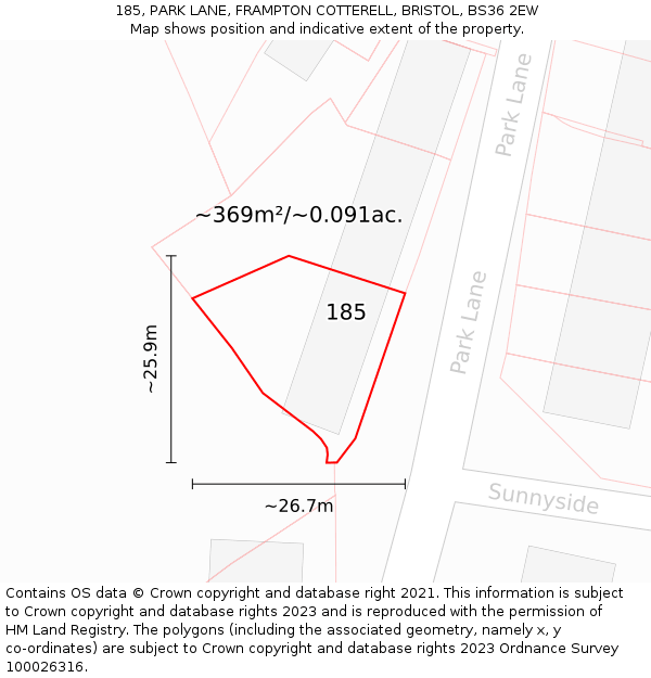 185, PARK LANE, FRAMPTON COTTERELL, BRISTOL, BS36 2EW: Plot and title map