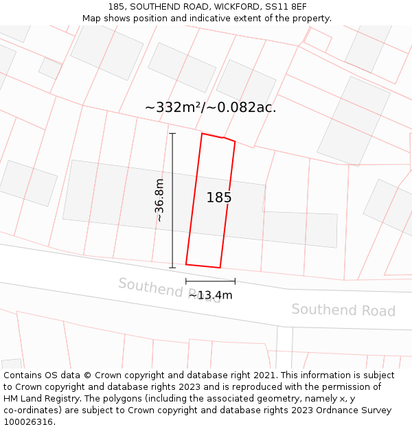 185, SOUTHEND ROAD, WICKFORD, SS11 8EF: Plot and title map