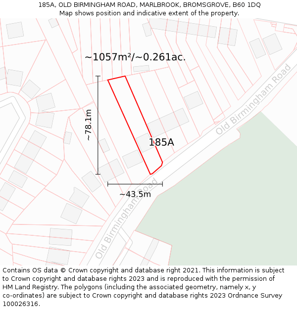 185A, OLD BIRMINGHAM ROAD, MARLBROOK, BROMSGROVE, B60 1DQ: Plot and title map