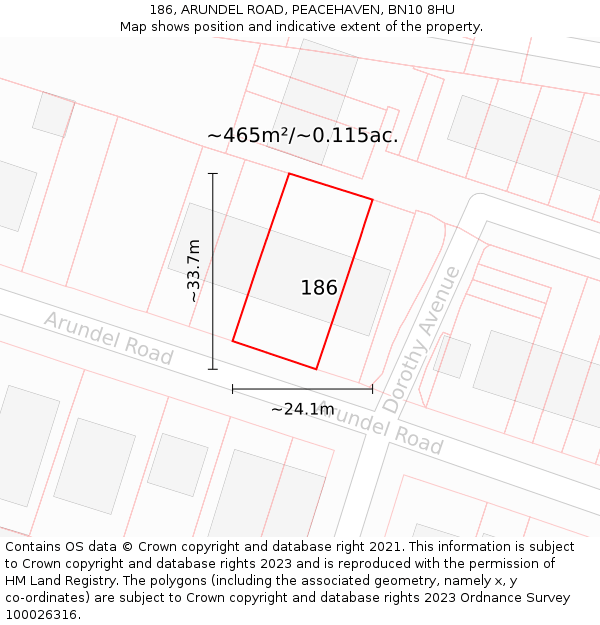 186, ARUNDEL ROAD, PEACEHAVEN, BN10 8HU: Plot and title map