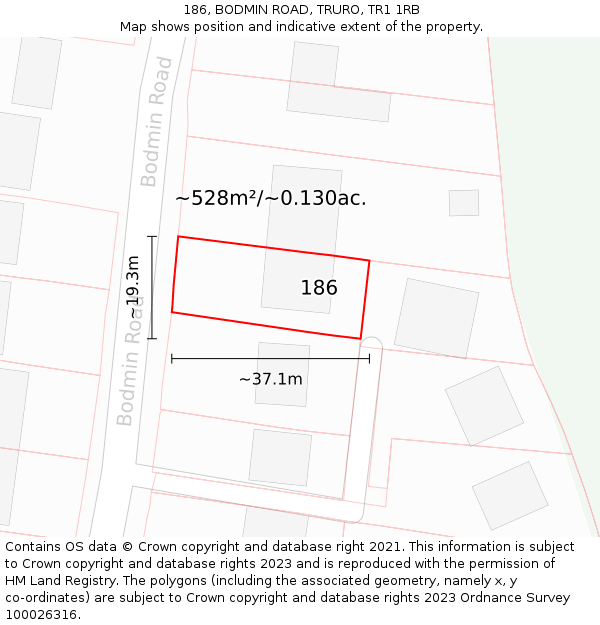 186, BODMIN ROAD, TRURO, TR1 1RB: Plot and title map