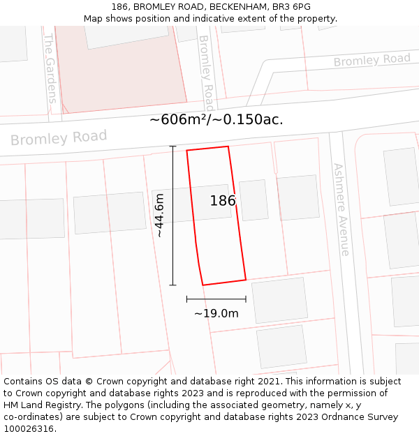 186, BROMLEY ROAD, BECKENHAM, BR3 6PG: Plot and title map
