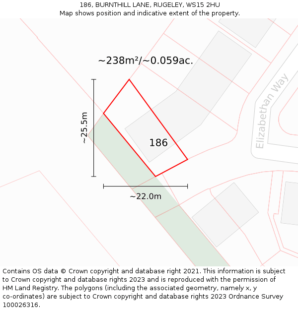 186, BURNTHILL LANE, RUGELEY, WS15 2HU: Plot and title map