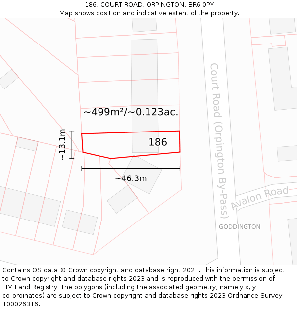 186, COURT ROAD, ORPINGTON, BR6 0PY: Plot and title map