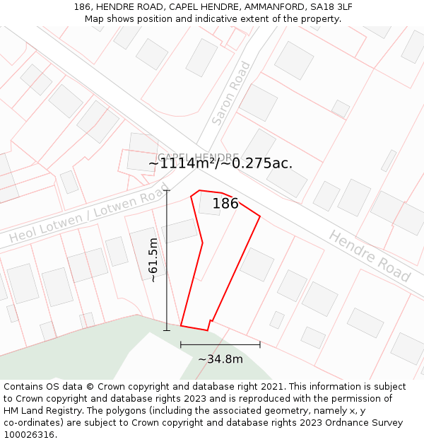 186, HENDRE ROAD, CAPEL HENDRE, AMMANFORD, SA18 3LF: Plot and title map