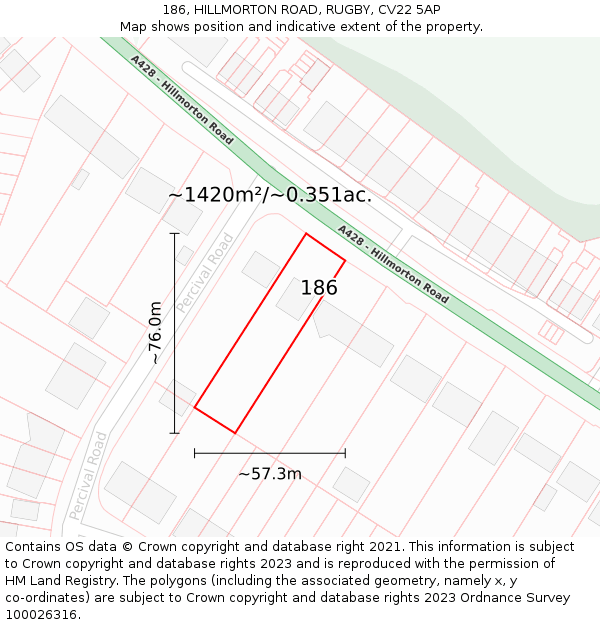 186, HILLMORTON ROAD, RUGBY, CV22 5AP: Plot and title map