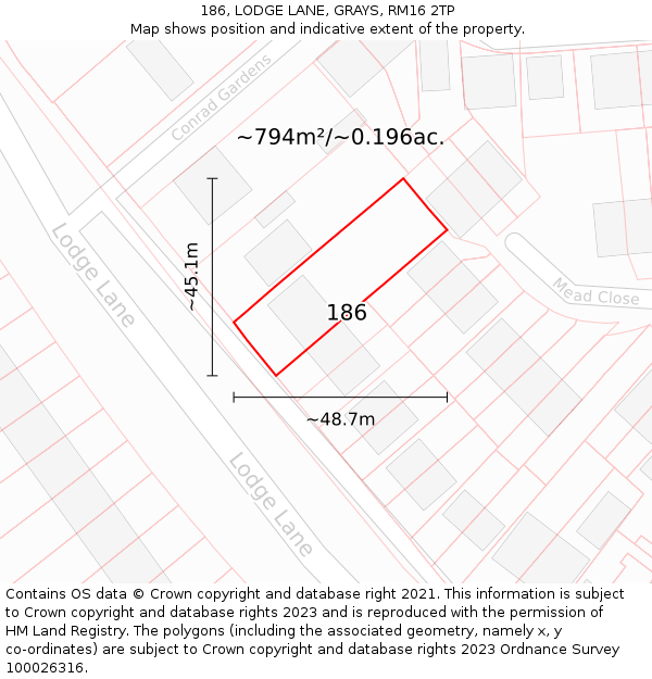 186, LODGE LANE, GRAYS, RM16 2TP: Plot and title map
