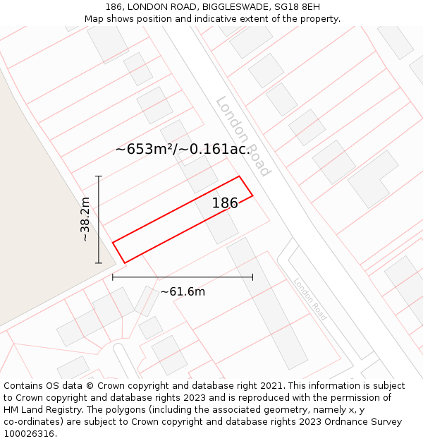 186, LONDON ROAD, BIGGLESWADE, SG18 8EH: Plot and title map